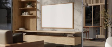 Modern, lüks ve rahat bir oturma odasındaki mermer bir duvarda boş bir beyaz çerçeve poster modeli. 3d görüntüleme, 3d illüstrasyon