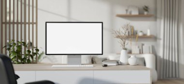Masasında beyaz ekran bilgisayar modeliyle modern beyaz ofis çalışma alanının iç tasarımı. Ön görüntü görüntüsü. 3d görüntüleme, 3d illüstrasyon