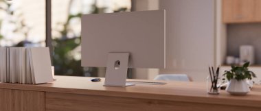 Ahşap bir masada bilgisayar aksesuarları olan modern ve rahat bir çalışma alanı. arka plan görüntüsü. 3d görüntüleme, 3d illüstrasyon