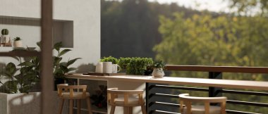 Modern ve rahat bir ev dinlenme alanı bir balkon ya da açık bir kafe restoranı bir balkonda uzun bir ahşap masa ile bir korkuluk ve doğa manzarası. 3d görüntüleme, 3d illüstrasyon