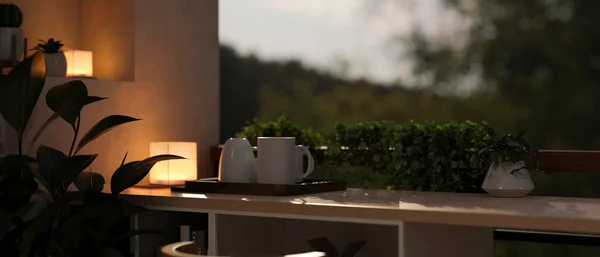 A modern and comfortable home relaxation area on a balcony with a long wood table near a railing and a nature view in the evening. 3d render, 3d illustration
