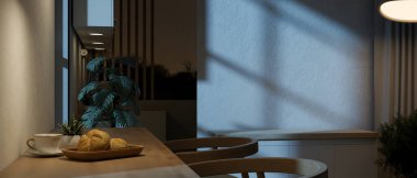 Akşam yemek odasının duvarında loş ışıklandırmalı bir yemek masasının yan görüntüsü. 3B görüntüleme, 3B illüstrasyon