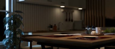 Modern, romantik bir yemek odasındaki loş ışıklandırmalı yemek masasının yakın plan görüntüsü. 3d görüntüleme, 3d illüstrasyon