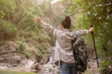 Eğlenceli, heyecanlı Asyalı bir kadının arka plan görüntüsü. El kaldırıyor ve manzaranın güzelliklerini seyrediyor. Dağda tek başına yürüyüş yapmaktan keyif alıyor. Doğa macerası, kız kaşif, seyahat
