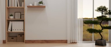 Beyaz duvarı, rafı, duvar rafı, bonsai ağacı, parke zemini ve perdeleri olan bir penceresi olan minimal beyaz bir odanın iç tasarımı. 3d görüntüleme, 3d illüstrasyon