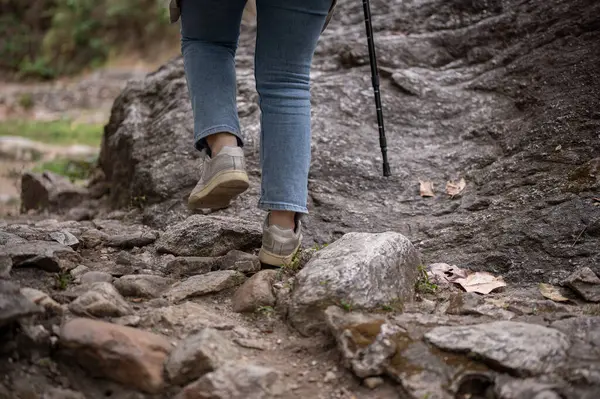 Close-up legs image of a woman is hiking with a trekking pole on the rock mountain. exploring, adventure, travel, leisure activity