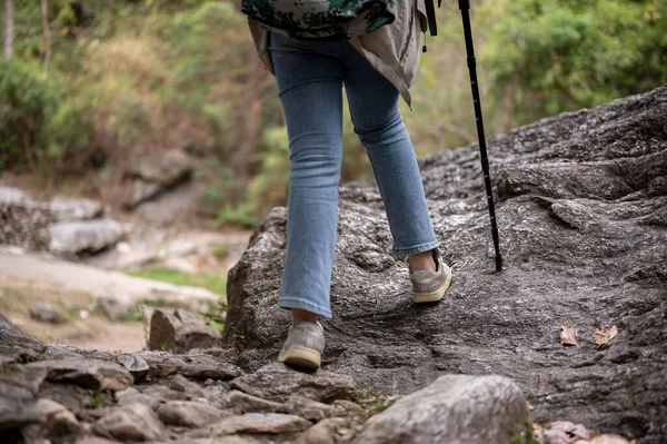 Close-up legs image of a woman is hiking with a trekking pole on the rock mountain. exploring, adventure, travel, leisure activity