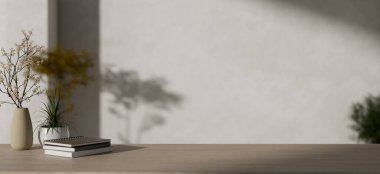 Kitapların, çiçek vazolarının ve ürününüzü minimalist ahşap bir masada minimalist beyaz bir duvarın karşısında sergilemek için bir kopya alanı. 3d görüntüleme, 3d illüstrasyon