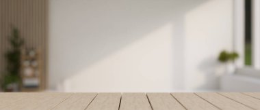 Ürününüzü modern, parlak bir oturma odasındaki ahşap bir masada sergilemek için bir alan. 3d görüntüleme, 3d illüstrasyon