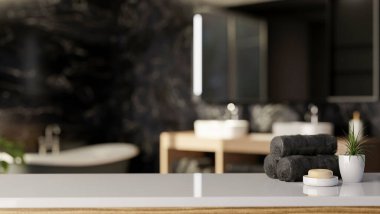 Ürününüzü beyaz bir masada, havlular, bir kalıp sabun ve modern siyah bir banyoda saksıda sergilemek için bir alan. 3d görüntüleme, 3d illüstrasyon