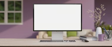 Modern, renkli, mor duvarlı bir oturma odasında beyaz ekran bilgisayar modeli ve aksesuarları olan modern bir ev ofisi. 3d görüntüleme, 3d illüstrasyon