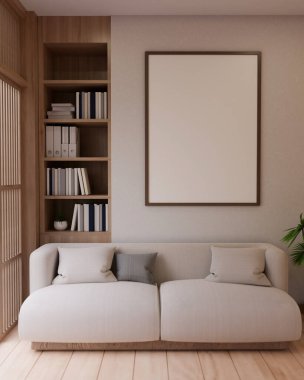 Modern İskandinav oturma odasının iç tasarımı, rahat bir kanepe, beyaz duvara eklenmiş bir çerçeve, bir raf ve parke zemin. 3d görüntüleme, 3d illüstrasyon