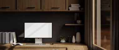 Ahşap bir masa, ahşap bir duvar dolabı ve dekoru olan beyaz ekran bilgisayarı olan modern bir ofis çalışma alanı. 3d görüntüleme, 3d illüstrasyon