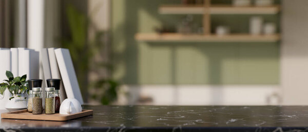 Черный мраморный кухонный стол или кухонный остров с бутылками специй, книги рецептов еды, и пространство для копирования для отображения вашего продукта против современной зеленой кухни. 3D рендеринг, 3D иллюстрация