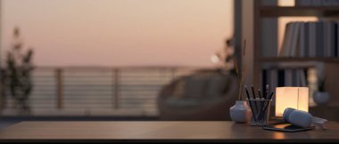 Ev çalışma alanı, ürününüzü sergilemek için bir fotokopi odası balkonlu bir odada bir kulaklık, bir lamba ve bir kırtasiye malzemesi içeriyor. 3d görüntüleme, 3d illüstrasyon