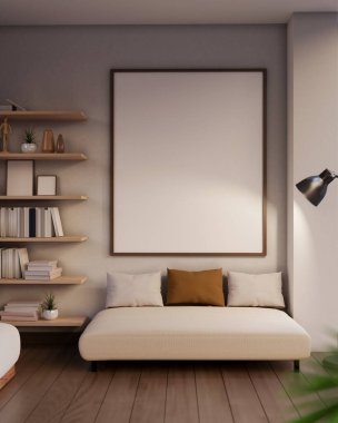 Modern, rahat bir İskandinav oturma odasının iç tasarımında bej bir kanepe, duvarda boş bir çerçeve modeli, duvar rafları ve parke zemin bulunur. 3d görüntüleme, 3d illüstrasyon