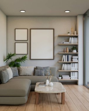 Modern ve rahat bir oturma odasının iç tasarımı büyük bir köşe kanepesi, bir sehpa, duvarda çerçeveler, parke döşeme ve dekor. 3d görüntüleme, 3d illüstrasyon