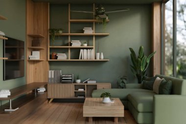 Yeşil renkli modern bir oturma odasının iç tasarımı yeşil bir kanepe, bir sehpa, yeşil duvara monte edilmiş bir televizyon, parke döşeme, bir tavan vantilatörü ve dekor içerir. 3d görüntüleme, 3d illüstrasyon