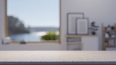 Modern bir oturma odasında ürünleri sergilemek için boş yeri olan beyaz bir masa. Arka plan bulanık. 3d görüntüleme, 3d illüstrasyon