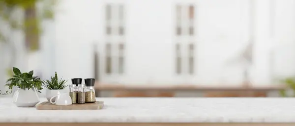 Marmorarbeitsplatte Mit Freiem Platz Für Ausstellungsprodukte Gewürzflaschen Kaffeetasse Und Topfpflanzen — Stockfoto