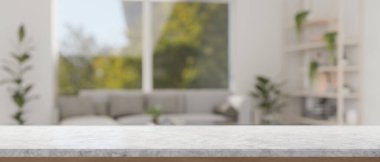 Çağdaş oturma odasının arka planında gri bir kanepe bulunan bir ürünü göstermek için boş bir alan. 3d görüntüleme, 3d illüstrasyon