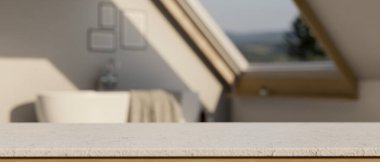 Küvet ve pencerenin bulunduğu çağdaş bir banyonun bulanık arka planına sahip bir ürünü bir masanın üstünde sergilemek için boş bir alan. 3d görüntüleme, 3d illüstrasyon