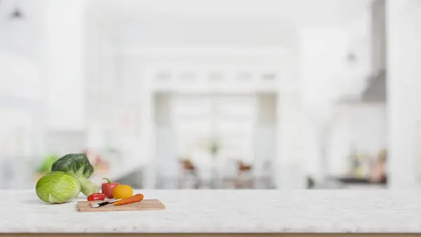 A close-up shot of a white marble kitchen tabletop or countertop with empty space for product display, fresh vegetables and a chopping board in a modern white kitchen. 3d render, 3d illustration