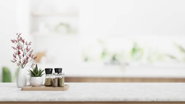 Seasoning bottle, flower vases, and empty space for display product on a tabletop in a modern white kitchen. close-up image. 3d render, 3d illustration