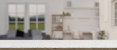 Çağdaş bir oturma odasının bulanık arka planına sahip beyaz bir masanın üstünde ürün göstermek için boş bir alan. Görüntüyü yaklaştır. 3d görüntüleme, 3d illüstrasyon