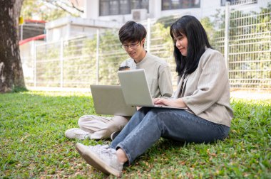 İki genç Asyalı üniversite öğrencisi iş tartışıyor, fikirlerini paylaşıyorlar ve kampüs parkında dizüstü bilgisayarlarını kullanıyorlar..