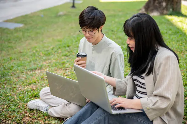İki genç Asyalı üniversite öğrencisi iş tartışıyor, fikirlerini paylaşıyorlar ve kampüs parkında dizüstü bilgisayarlarını kullanıyorlar..