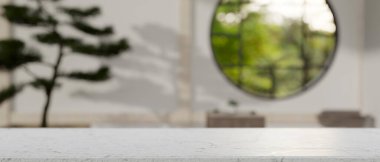 Japon Zen oturma odasının bulanık arkaplanlı arka planına sahip, ürün için kopya alanı olan beyaz mermer bir masa. 3d görüntüleme, 3d illüstrasyon