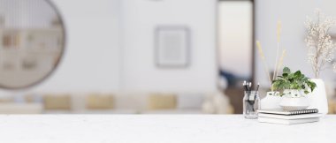 Çağdaş oturma odasının bulanık arkaplanlı arka planına sahip beyaz bir masa üstünde ürün göstermek için bir kopya alanı. 3d görüntüleme, 3d illüstrasyon