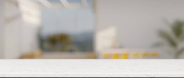 Çağdaş bir oturma odasının bulanık arka planına sahip beyaz mermer bir masanın üstünde boş bir alan. 3d görüntüleme, 3d illüstrasyon