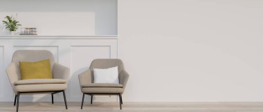 Çağdaş bir ev koridoru veya oturma odasının iç tasarımı, pervazlı beyaz bir duvar ve parke döşeme içerir. 3d görüntüleme, 3d illüstrasyon