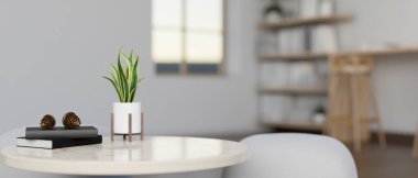 Modern ve rahat bir oturma odasında aksesuar ve puf ile yuvarlak bir sehpanın yakın çekimi. 3d görüntüleme, 3d illüstrasyon