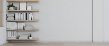 Modern boş bir odanın ön manzarasında beyaz bir duvar, parke zemin ve duvar kitaplıkları bulunur. 3d görüntüleme, 3d illüstrasyon