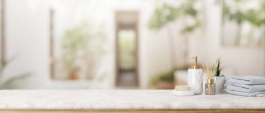 Beyaz mermer bir masa üstündeki sunum alanı lüks bir banyonun bulanık arka planına sahip tuvalet malzemeleri içerir. 3d görüntüleme, 3d illüstrasyon