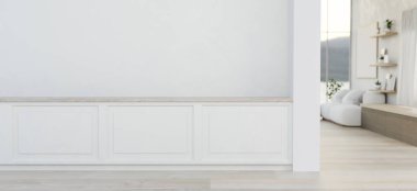 Modern, güzel bir ev koridorunun iç tasarımı. Pervazlı beyaz bir duvarı ve parke zemini olan bir oturma odasına açılıyor. 3d görüntüleme, 3d illüstrasyon