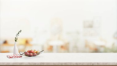 Ürün sergisi için bir kopya alanı modern parlak bir odanın bulanık arka planına sahip bir elma kasesi ve bir dekor bitkisine sahiptir. 3d görüntüleme, 3d illüstrasyon