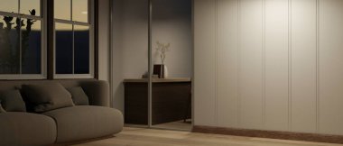 Geceleri çağdaş bir oturma odasının iç tasarımı rahat bir kanepe, beyaz bir duvar, parke bir zemin ve loş bir aydınlatma içerir. 3d görüntüleme, 3d illüstrasyon