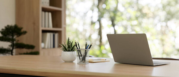 Back view image of a laptop computer, stationery, and a decorative plant on a wooden table in a contemporary private office. 3d render, 3d illustration