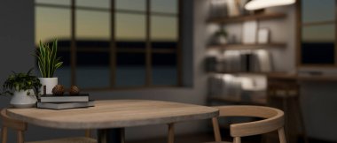 Akşamları loş ışıklarla aydınlatılan, çağdaş bir odada koltukları olan ahşap bir masanın yakın plan görüntüsü. 3d görüntüleme, 3d illüstrasyon