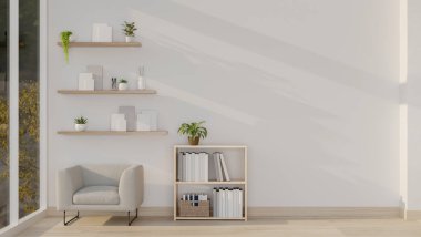 Minimalist bir apartman dairesinde rahat bir koltuk, bir kitaplık, duvar rafları, bir parke zemin ve beyaz bir duvar bulunur. 3d görüntüleme, 3d illüstrasyon