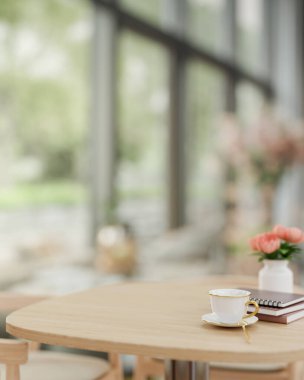 Çağdaş bir kahve dükkanının ahşap masasında sergilenecek bir yer. Görüntüyü yaklaştır. 3d görüntüleme, 3d illüstrasyon