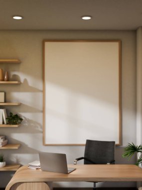 Modern bir minimalist özel ofis ya da ev ofisinin iç tasarımı modern bir masa ve dekorda dizüstü bilgisayara sahiptir. 3d görüntüleme, 3d illüstrasyon