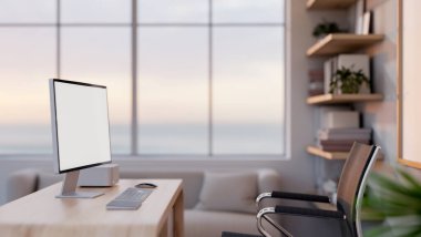 Modern ahşap bir masada modern bir apartman dairesinin bilgisayar modelinin yan görüntüsü. Ev ofis konsepti. Çalıştığım yer. 3d görüntüleme, 3d illüstrasyon