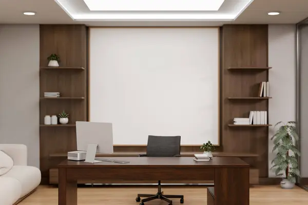 The interior design of a contemporary luxurious private CEO office features a hardwood computer desk, a couch, high ceiling, and decor. place of work, office idea. 3d render, 3d illustration