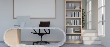 Modern parlak bir ofisin ya da bir sekreterin ofis masasının iç tasarımında modern bir mermer masa, bir raf ve bir kapı girişi üzerinde bir bilgisayar bulunur. 3d görüntüleme, 3d illüstrasyon