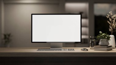 Modern bir odada loş ışığı olan bir bilgisayar masası, ahşap bir masanın üzerindeki dekorlu bir bilgisayar beyaz ekran modeli. Görüntüyü yaklaştır. 3d görüntüleme, 3d illüstrasyon